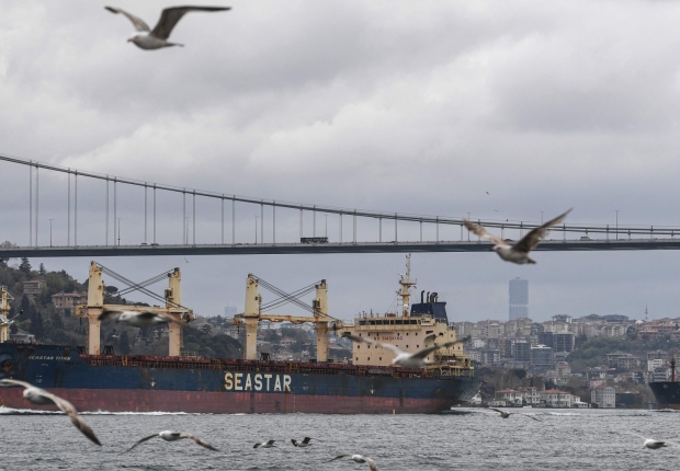 سفينة في طريقها إلى البحر الأسود عبر مضيق البوسفور في اسطنبول