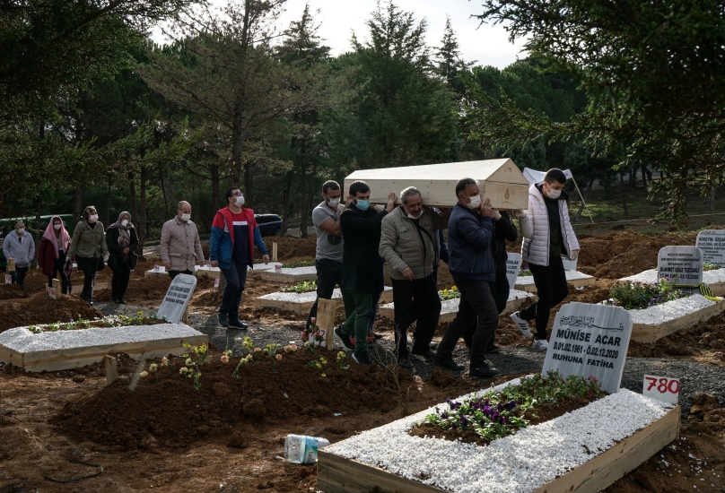 أشخاص يحملون نعش أحد أقاربهم في مقبرة كيليوس في إسطنبول-أرشيف